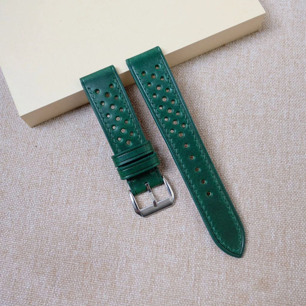 Blue racing rally watch strap with lime green accents, perforated Buttero leather