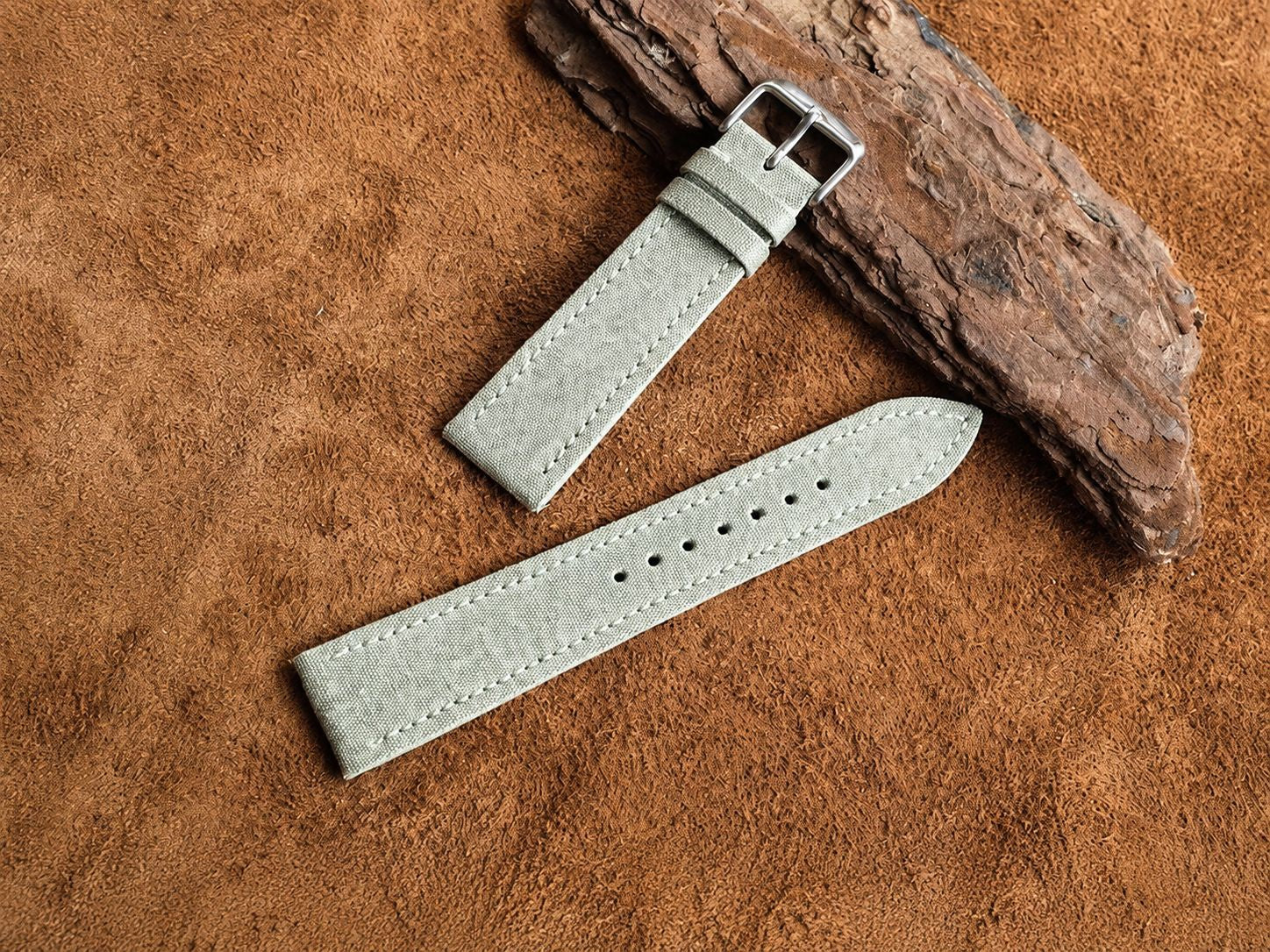 Sage green canvas sailcloth watch strap with contrast stitching and steel buckle, 20mm