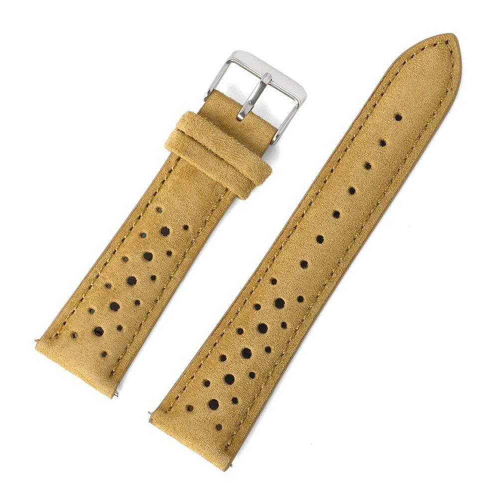Yellow suede rally watch strap with perforated racing holes and steel buckle